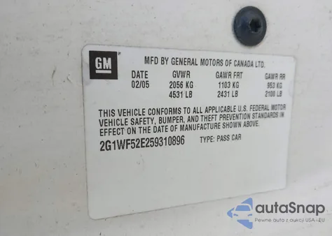 2005 Chevrolet Impala z USA, uszkodzony, nr VIN 2G1WF52E259310896